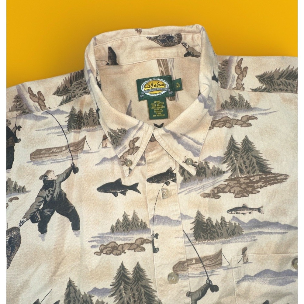 Cabelas Mens XL Beige Button Down Shirt With Fisherman & Nature Print AOP